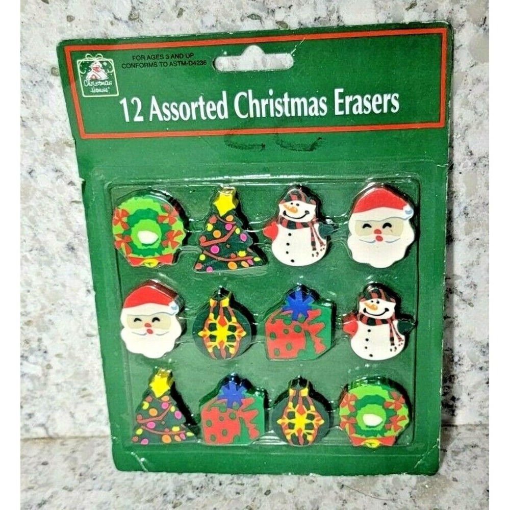 Christmas House Christmas Shaped Erasers 12ct  Holiday NEW‎ Wreath Santa Etc